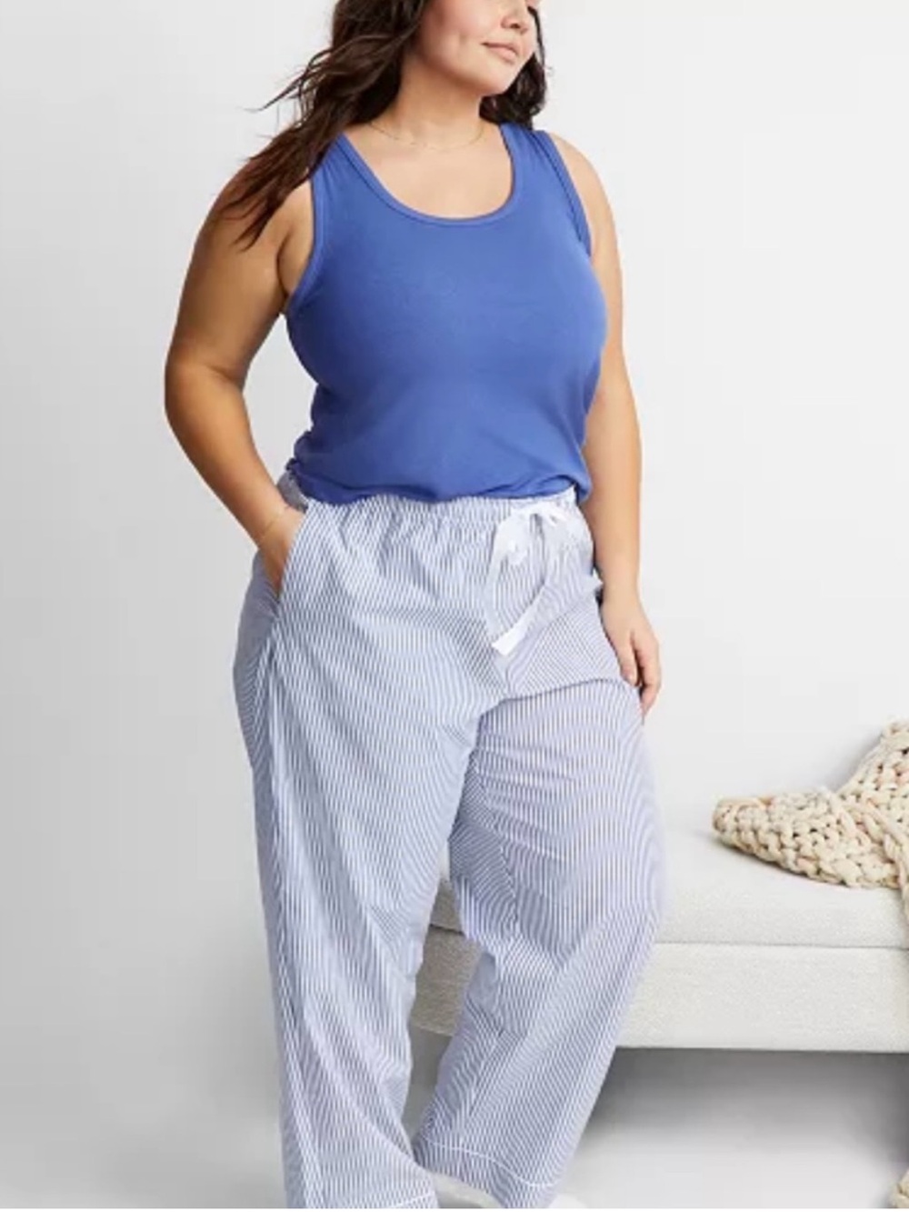 New! State of Day Intimates Blue Striped Cotton Poplin Pajama Pants, Size 3X
